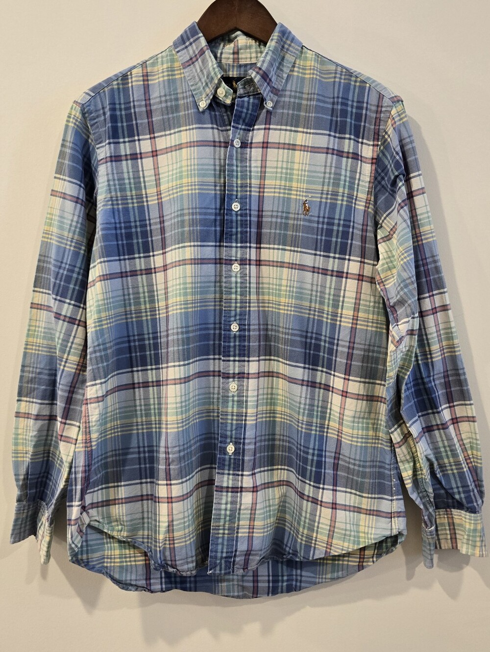 Ralph Lauren blue plaid button front Oxford Shirt Polo Sz M Business Casual Work